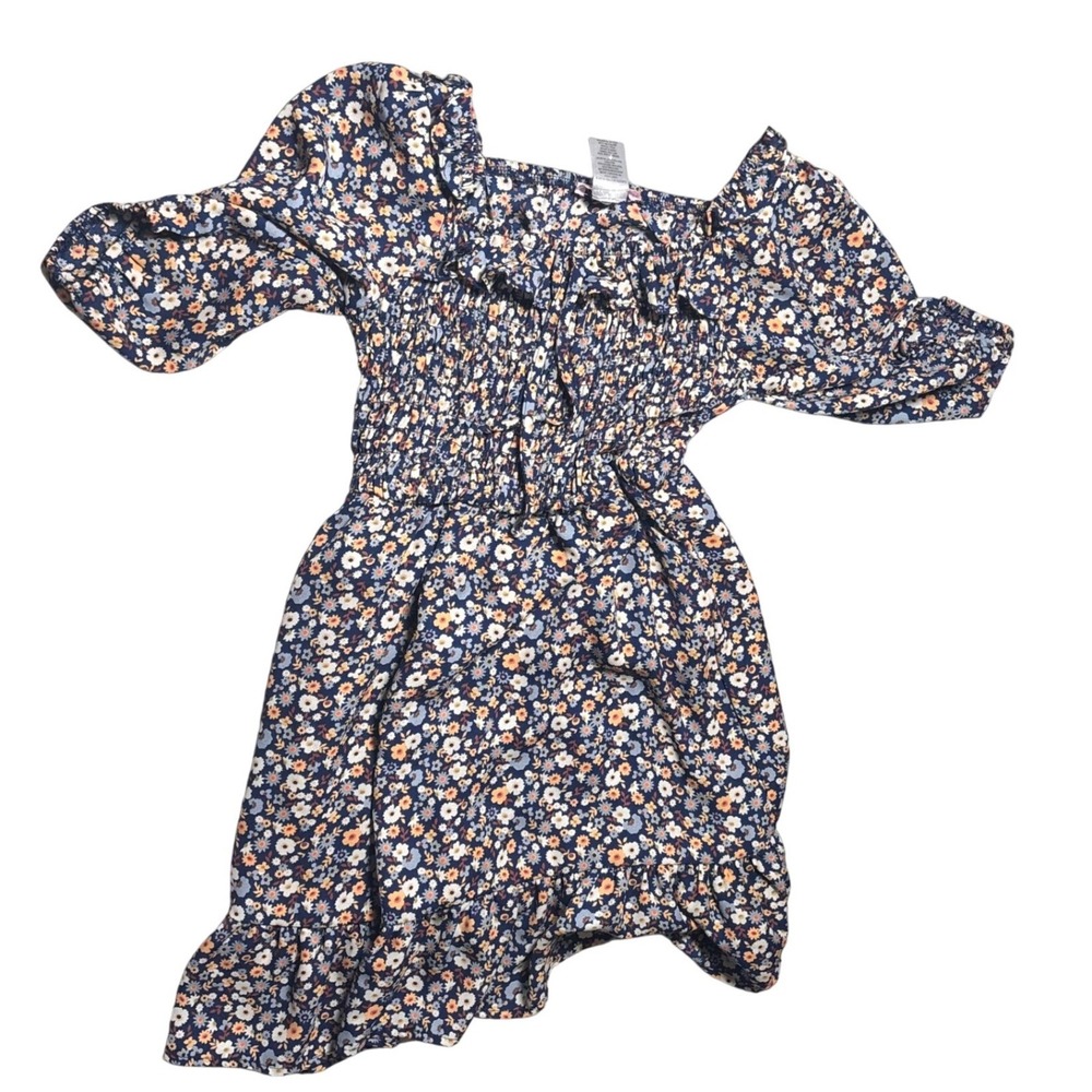 Ditsy Floral Dress Mini Blue Smocked Ruffle Cottagecore Puff Sleeve Kids Size 10